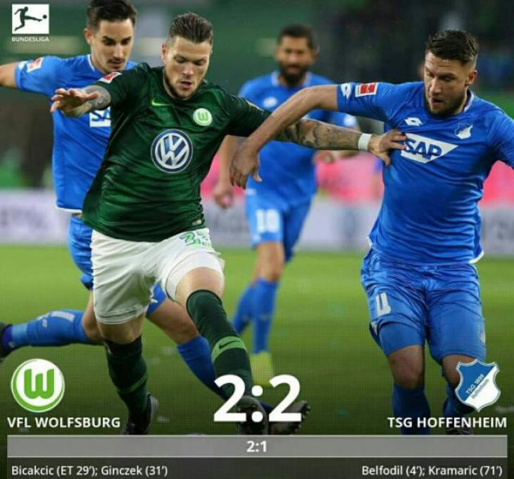 Голы, лучшие моменты матча и статистика Вольфсбург - Хоффенхайм 14 тур Бундеслига