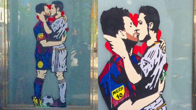 Целующиеся Роналду и Месси – новый рисунок в Барселоне